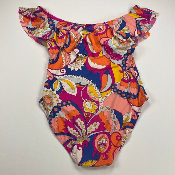 Trina Turk Sevilla Ruffle Off the Shoulder Once Piece Swim Suit Colorful Size 14 - Picture 8 of 12